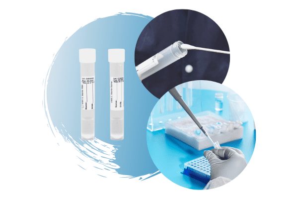 Collage of two sterile transport tubes with an image of a swab being inserted into one of the tubes, and another picture of a gloved hand pipetting into a tube with a background of different blue hues